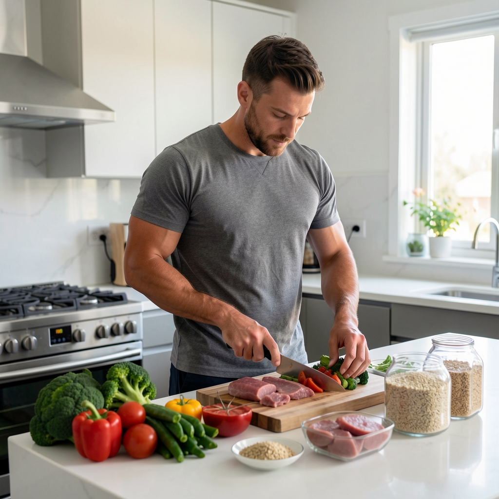 Athletic man in his mid-thirties preparing a nutritious meal in a modern kitchen with clean countertops, surrounded by fresh vegetables, lean proteins, and whole grains