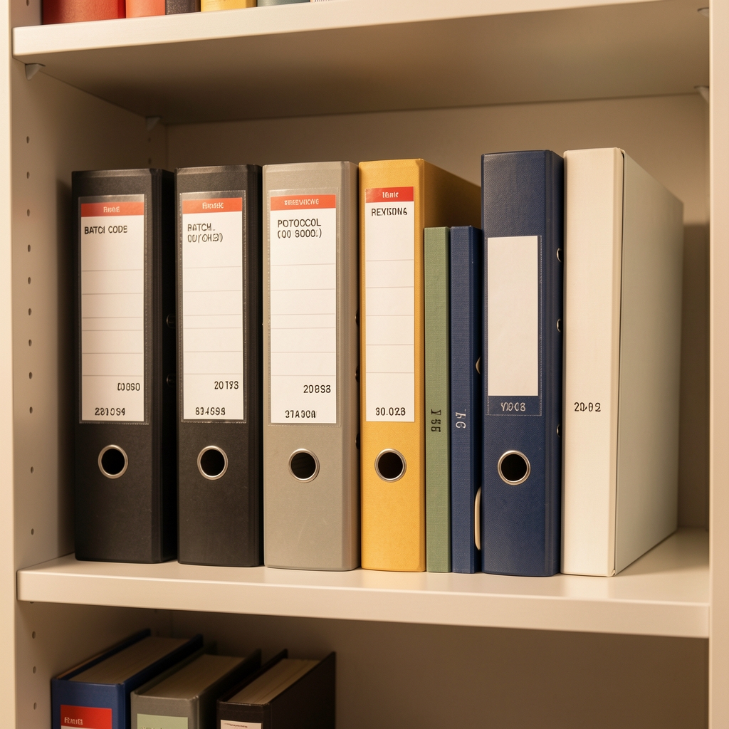 Archival binders and protocol revision folders arranged on a clean shelf in a documentation workspace with warm studio lighting, showing batch codes and revision numbers on spine labels