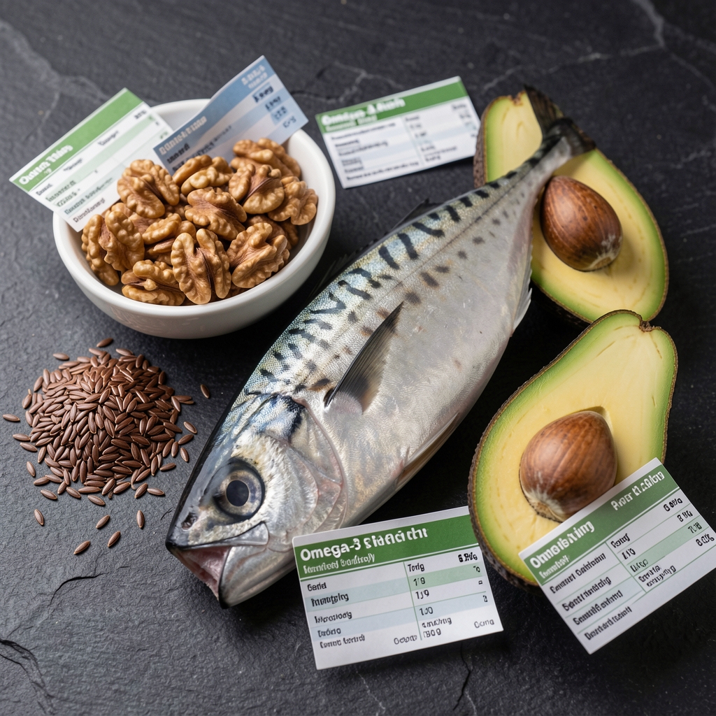 Assortment of omega-3 rich foods including walnuts, flaxseeds, mackerel fillet, and avocado arranged on a dark stone surface with visible nutritional information cards